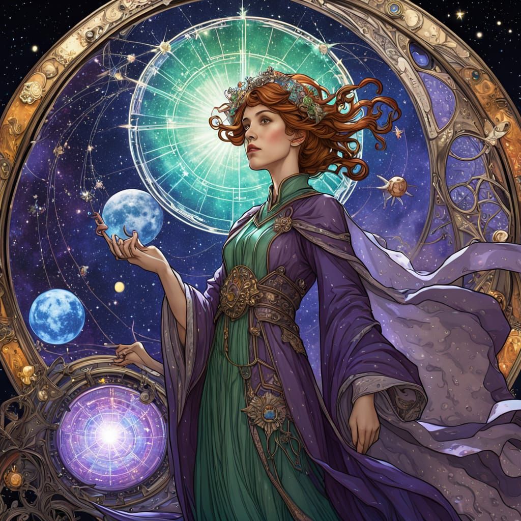 Celestial Cartographer in Art Nouveau Sci-Fi Style