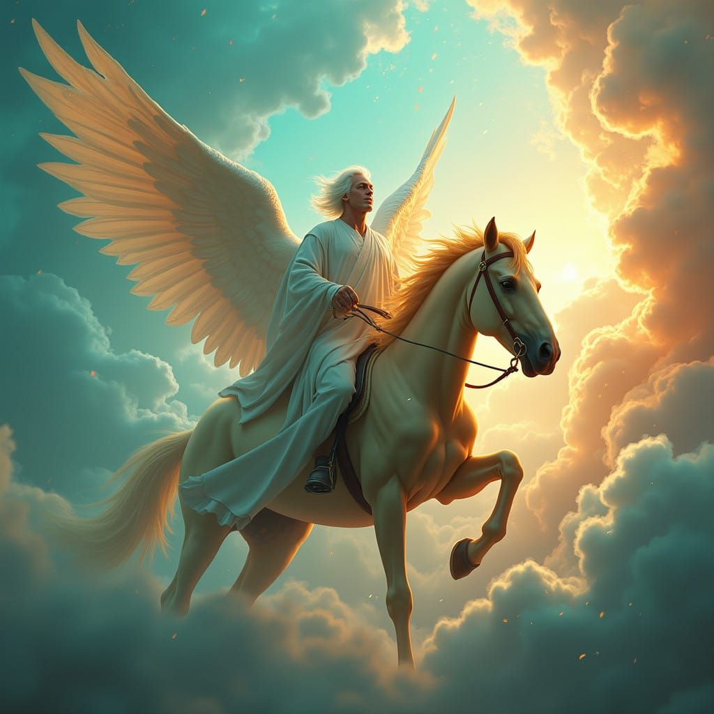 Angel Rider on Majestic Palomino Horse Amidst Swirling Vorte...