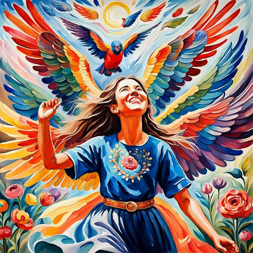 People with Wings in Gouache Watercolor Style
