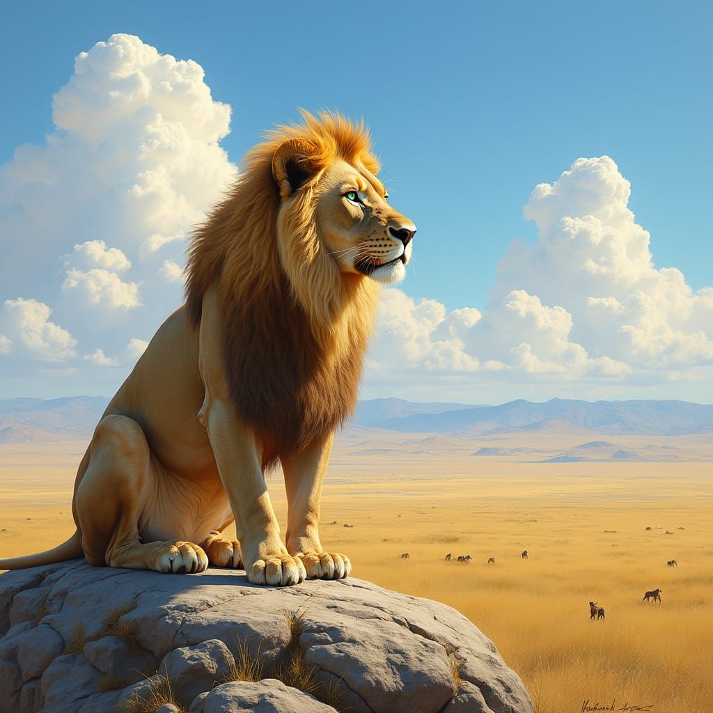 Lion on Rocky Outcrop in African Savanna Landscape