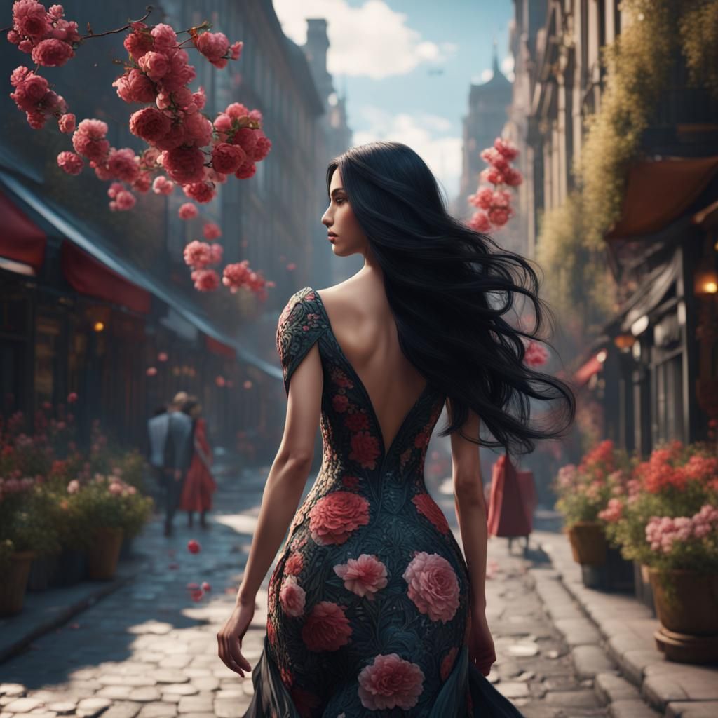 Woman in Floral Dress: Fantasy Art in City