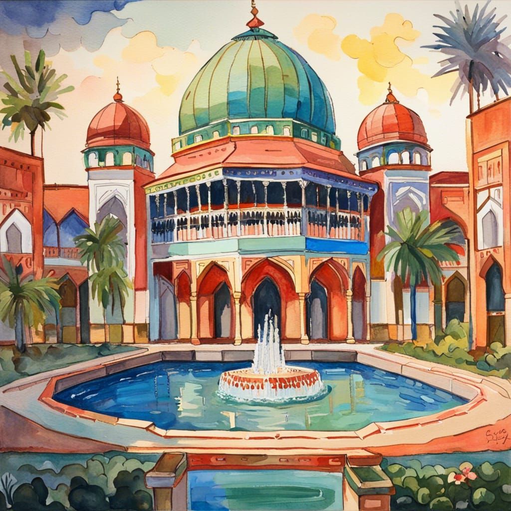 Majestic Mughal Architecture in Gouache Style