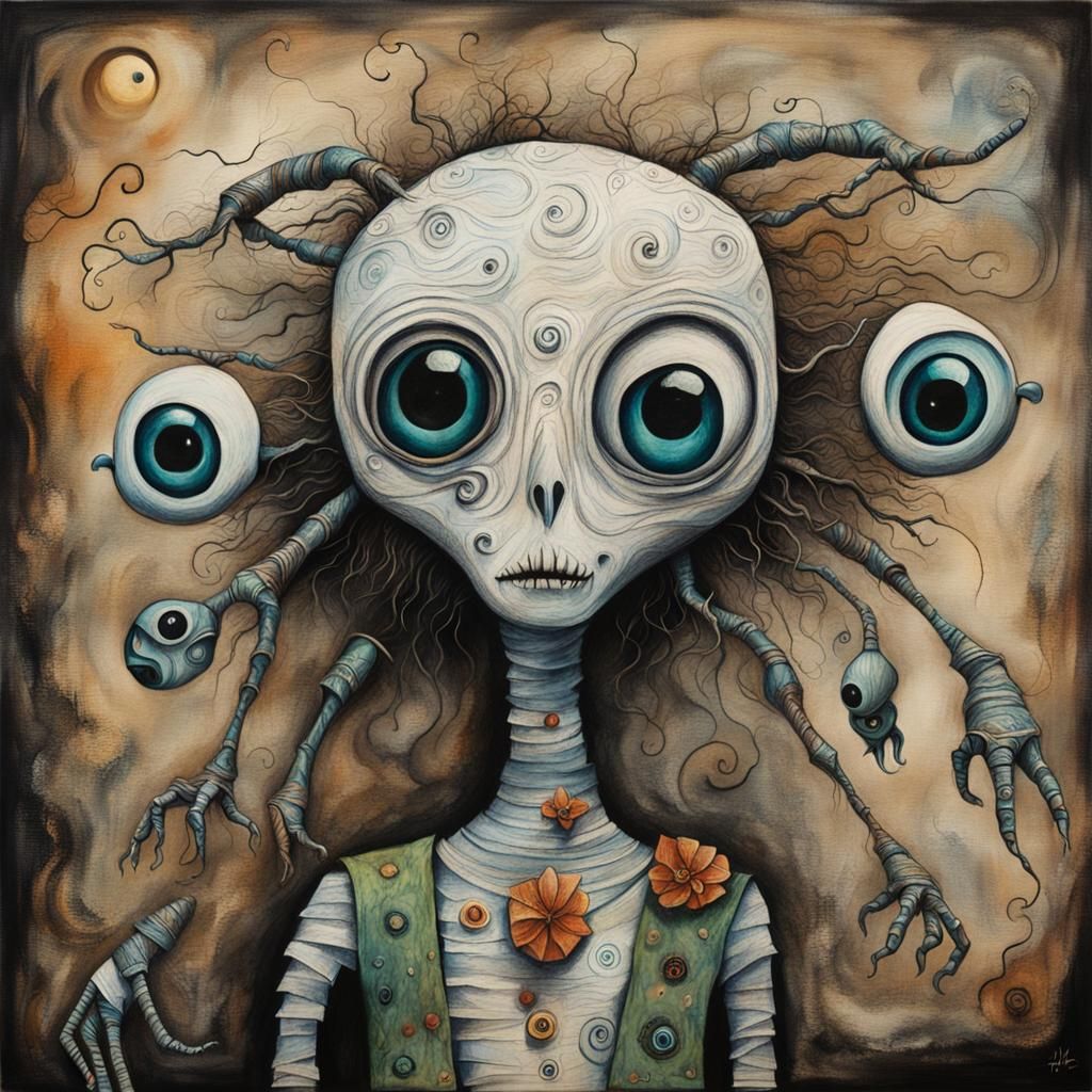 Surreal Alien Creatures in Mixed Media Style
