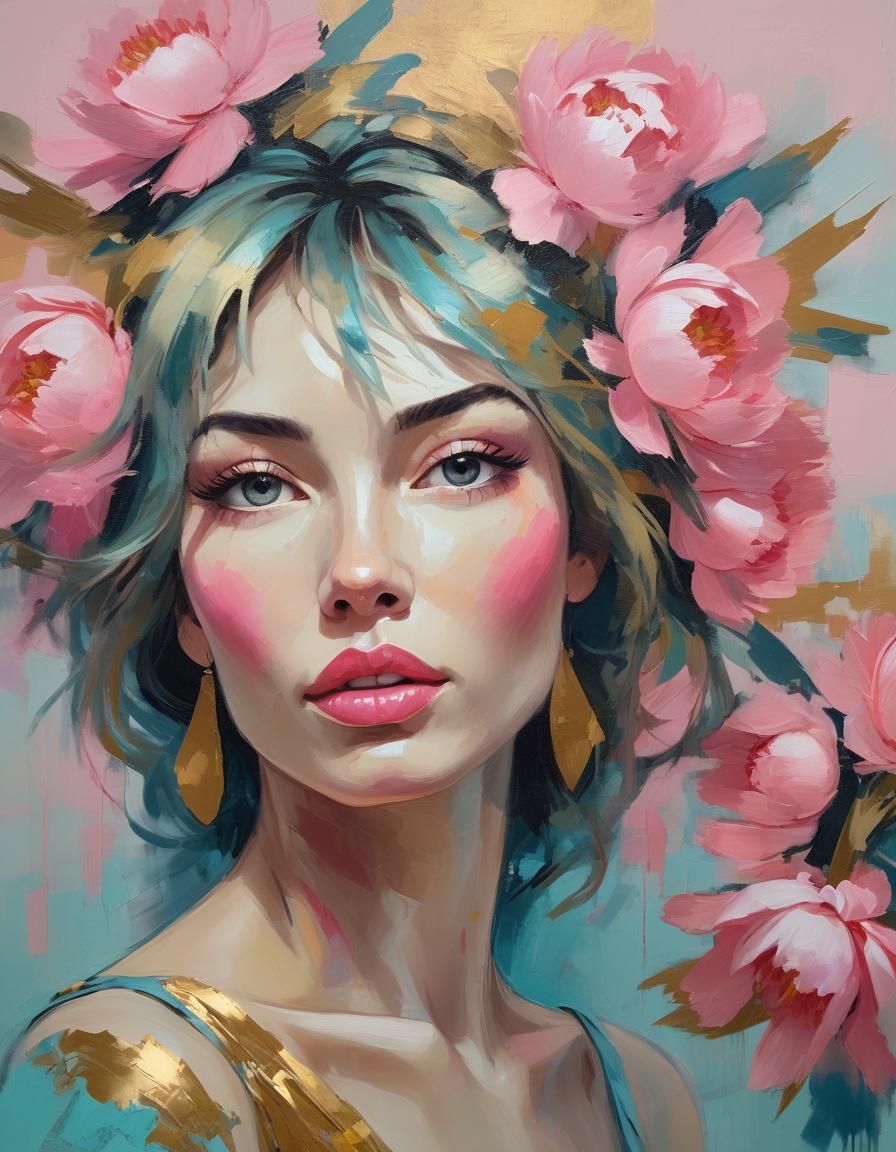 Abstract Fauvist Woman with Flowers, in Expressionist Style