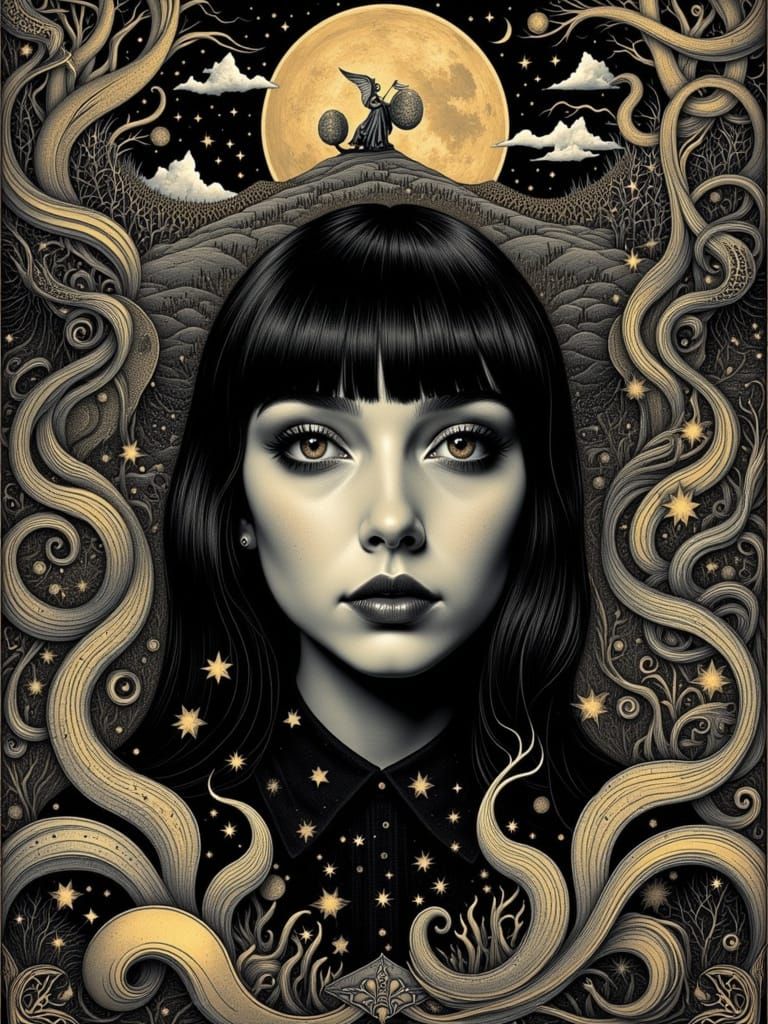 Gothic Woman Surrounded by Whispers: Surrealist Dreamscape