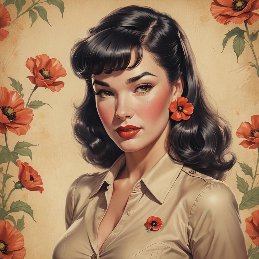 Bettie Page in Vintage Anime-Inspired Pin-Up Art