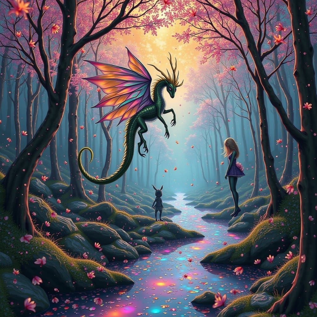 Ethereal Dragon in Enchanted Landscape: Abstract Expressioni...