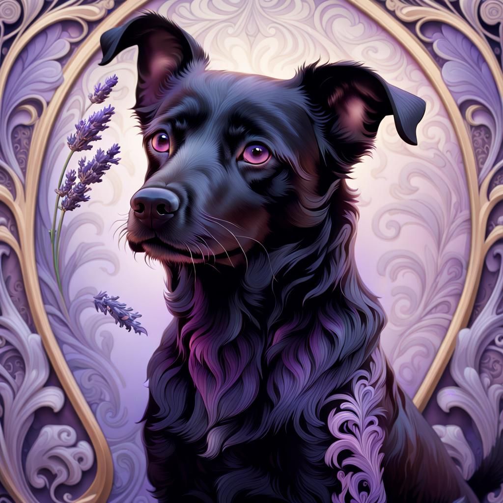Regal Black Dog Portrait in Art Nouveau Style