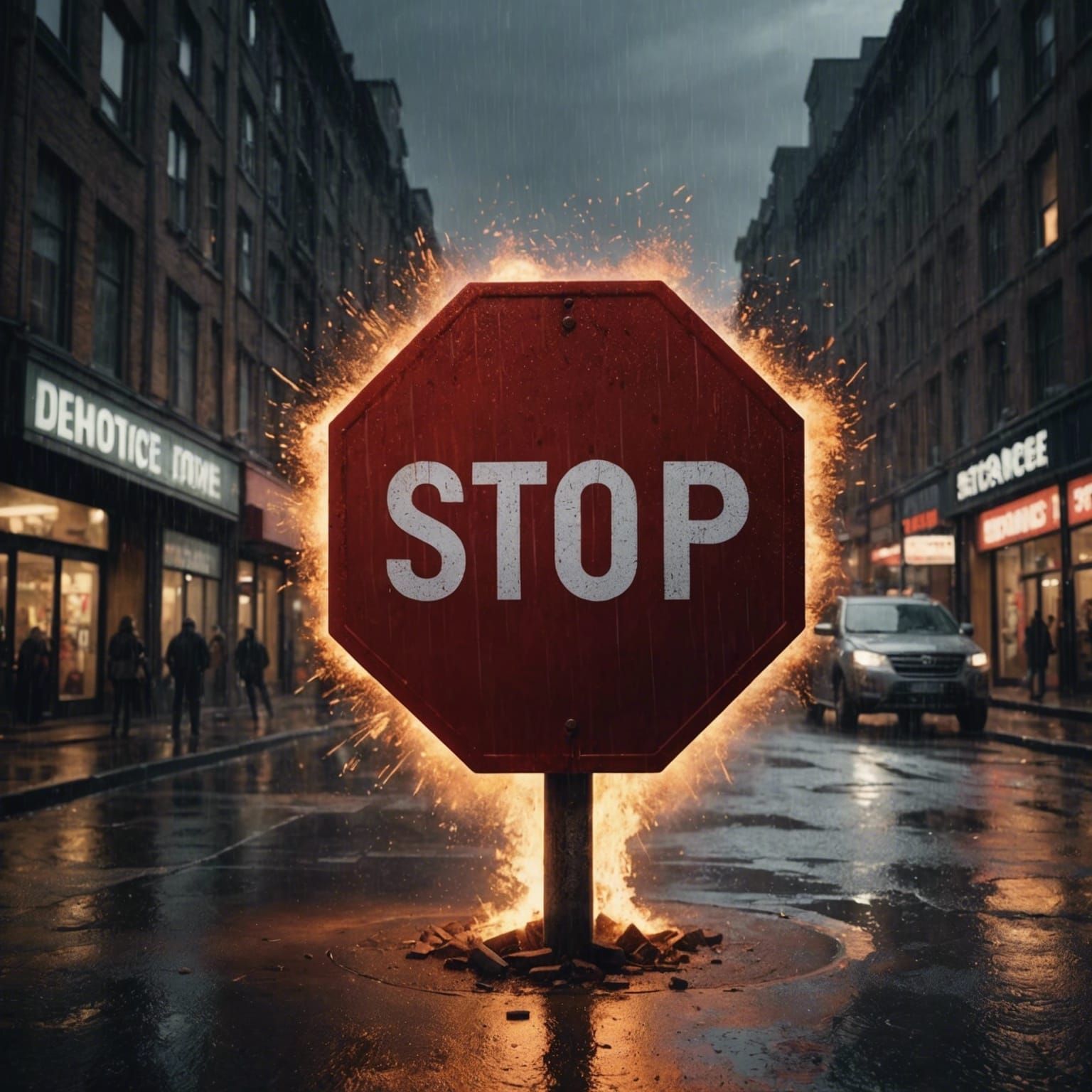 Explosive Stop Sign Detonation in the Rain