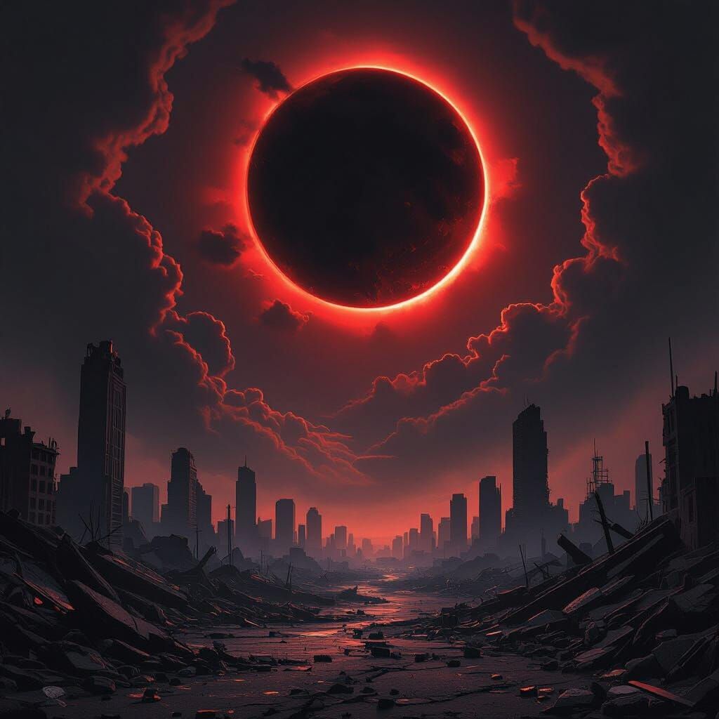 Dystopian Cityscape Under Dark Red Lunar Eclipse