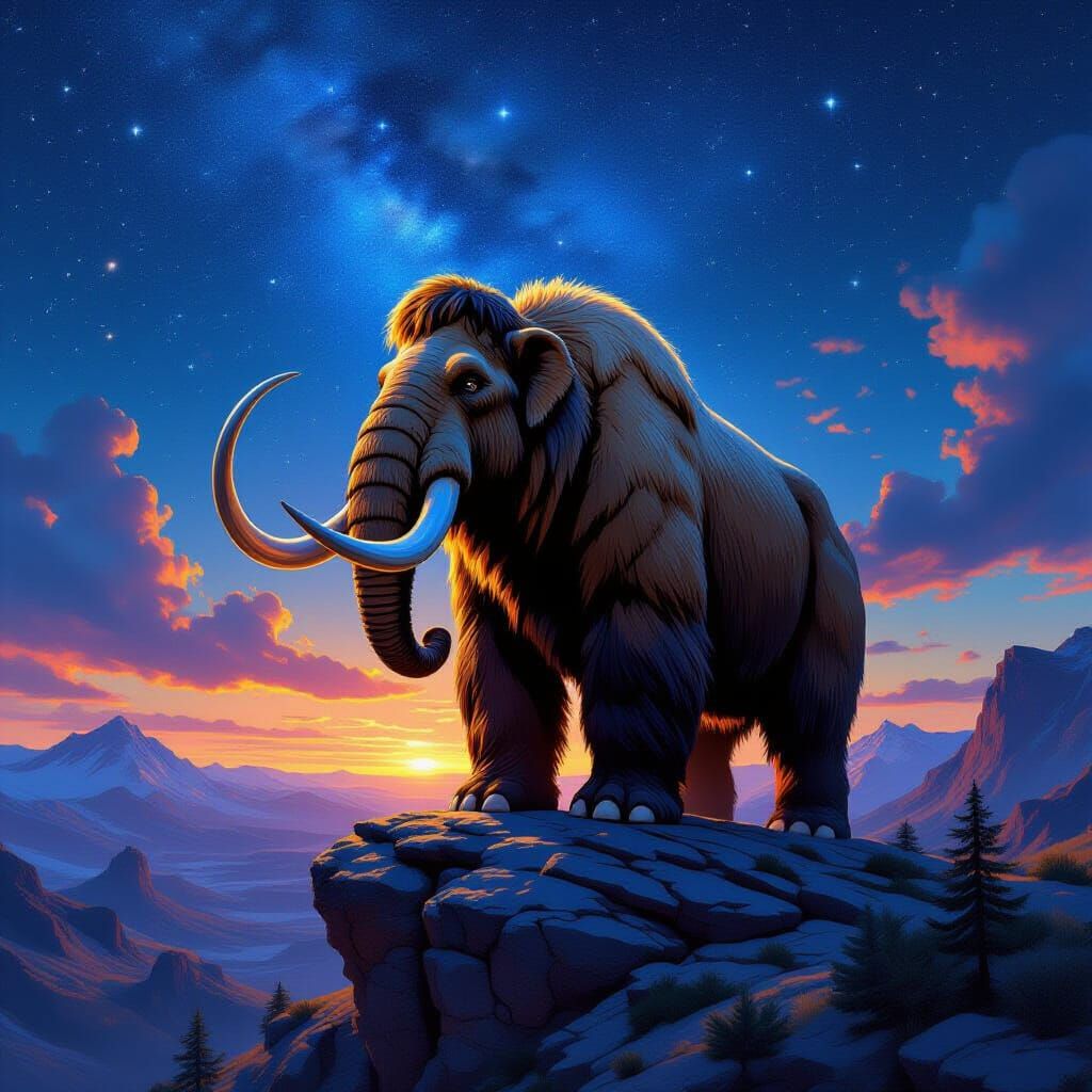 Mammoth Surveys Wilderness Under Starry Sky as Oil Painting