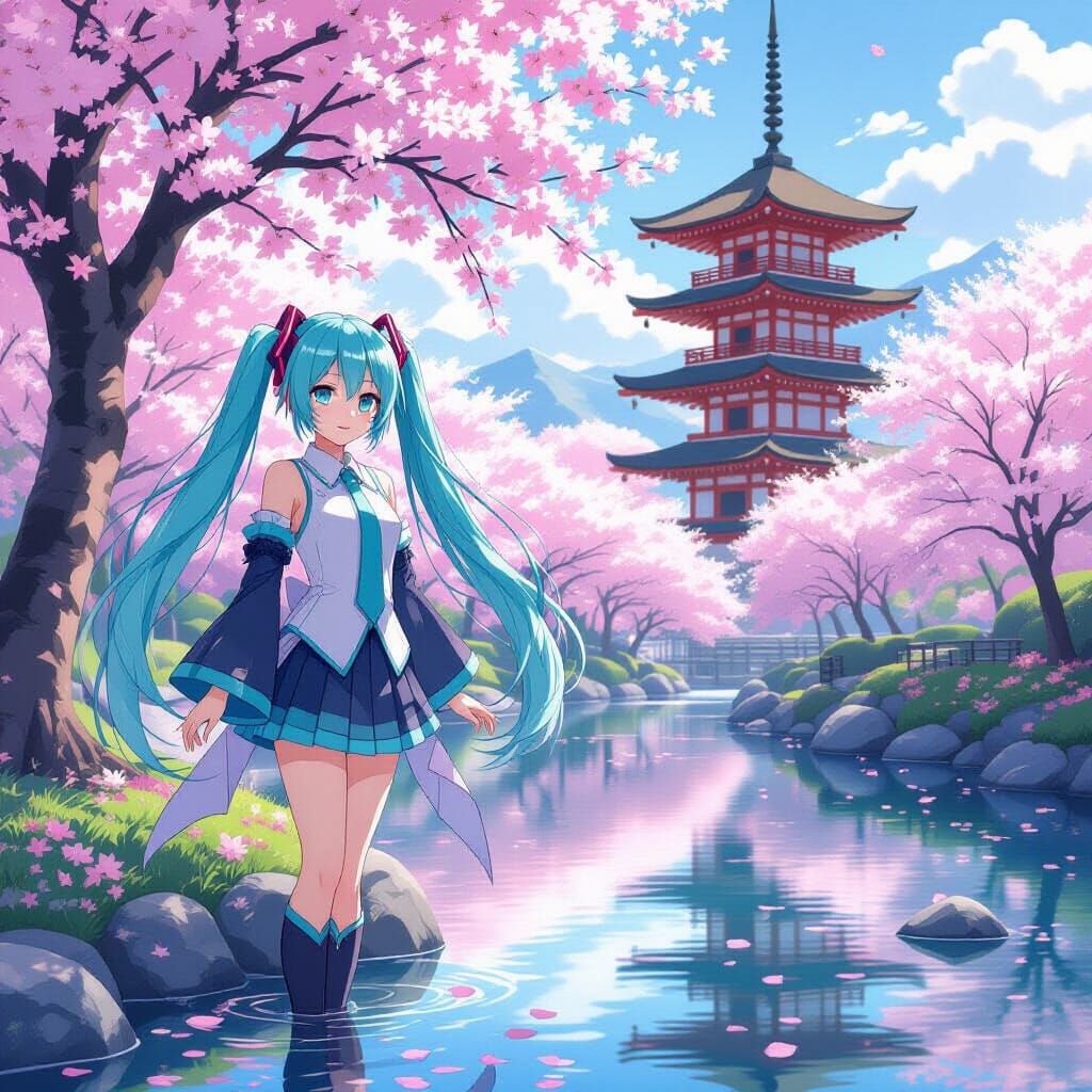 Hatsune Miku Beside Cherry Blossoms and Pagoda in Anime Styl...