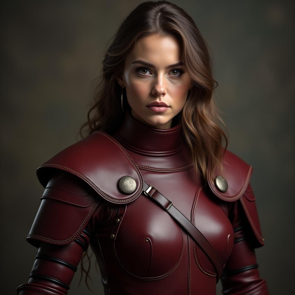 Beautiful swordswoman wearing burgundy leather armor