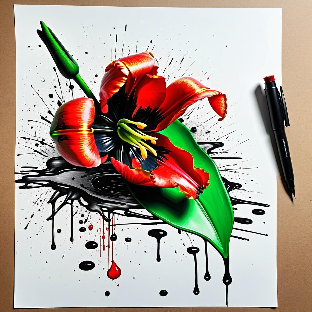 Red Tulip Ink Drawing with Neon Ambiance