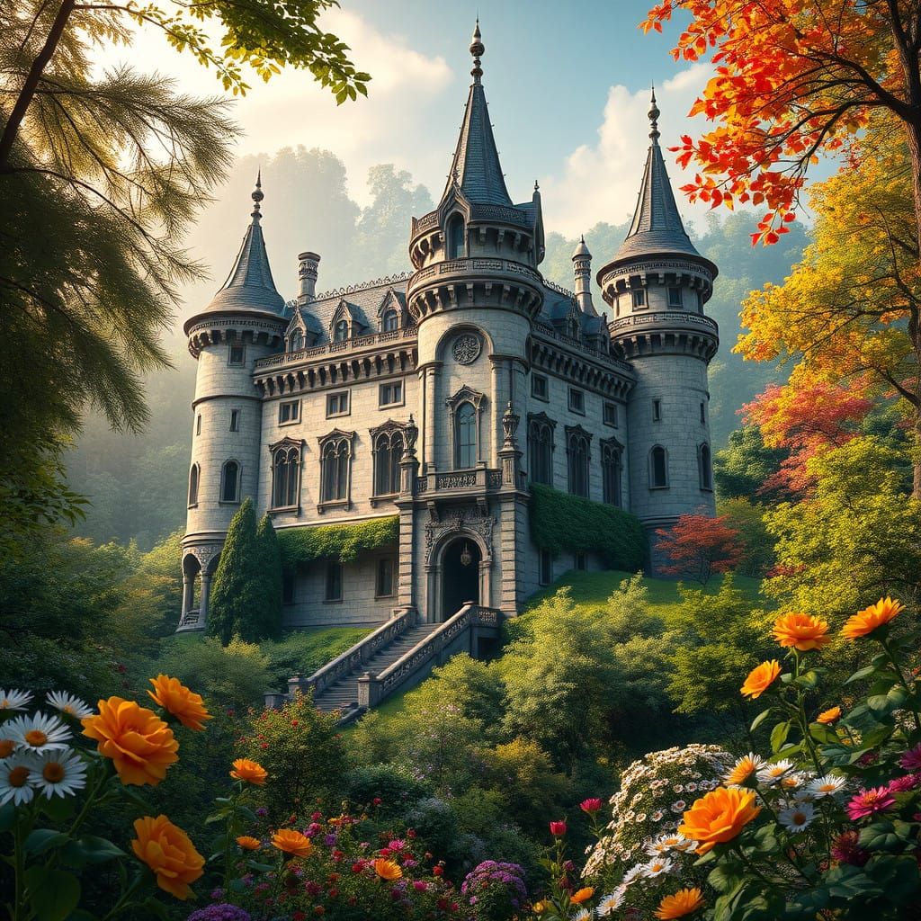 Renaissance Castle Amidst Vibrant Flowering Forest with Lush...