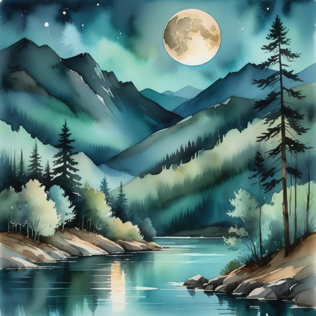 Dreamy Watercolor Landscape with Moonlit Trees