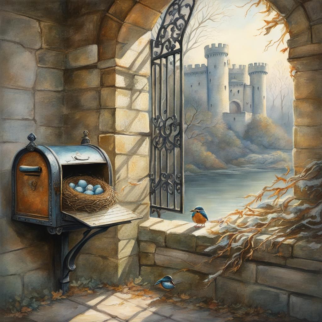 Kingfisher Nest in Castle Mailbox, Gouache Painting
