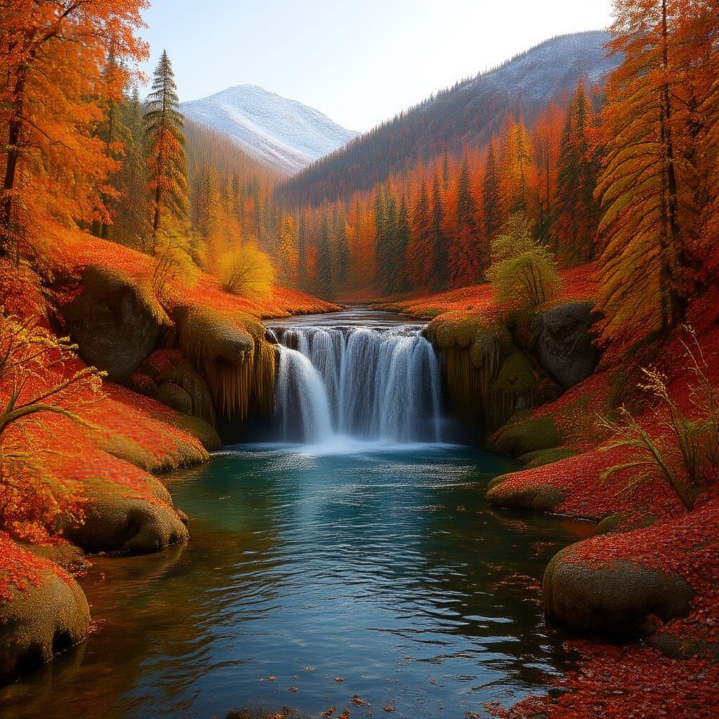 Autumn Waterfall Scene with Crisp Leaves