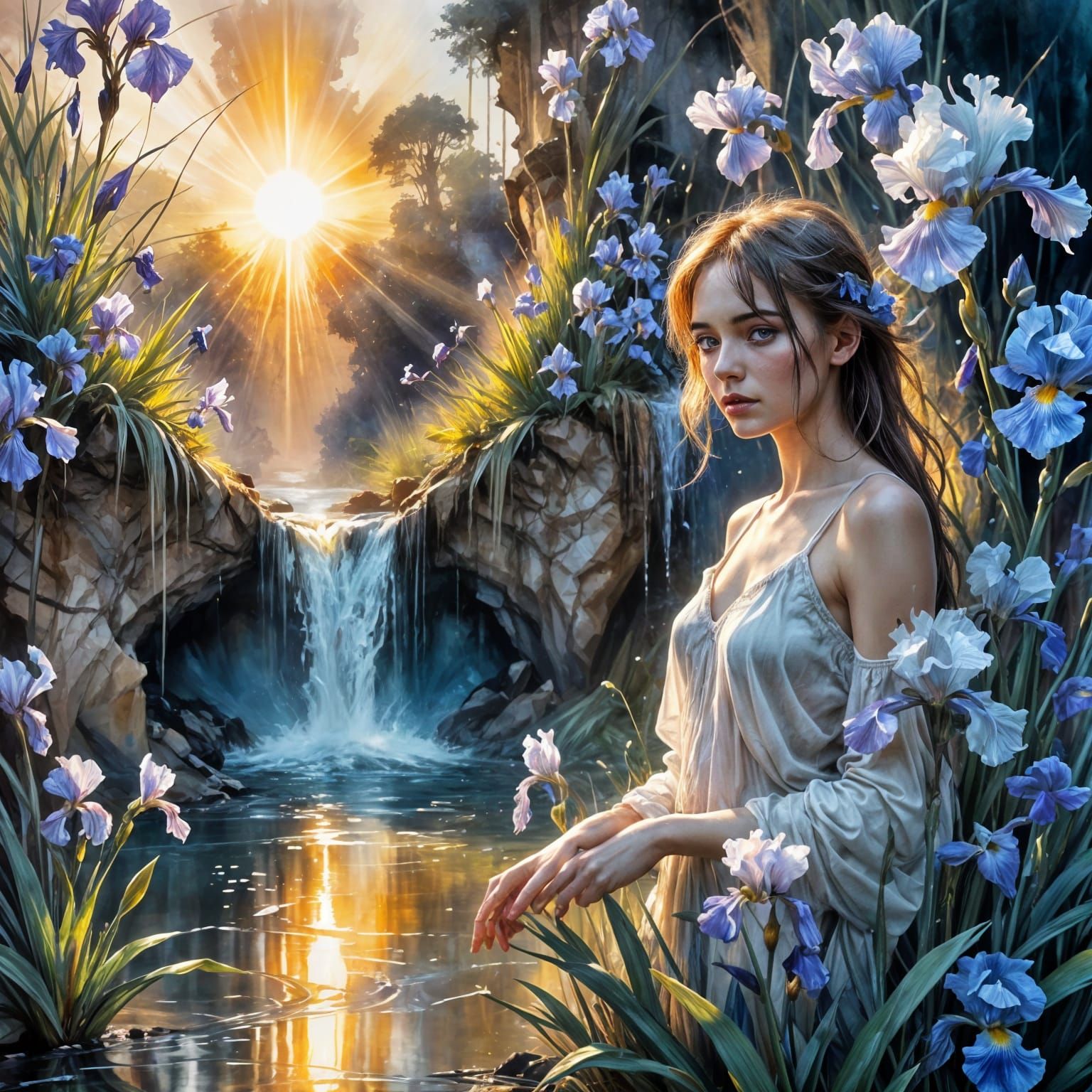 Waterfalls Inside Irises: Dreamy Sunset in Watercolour Style