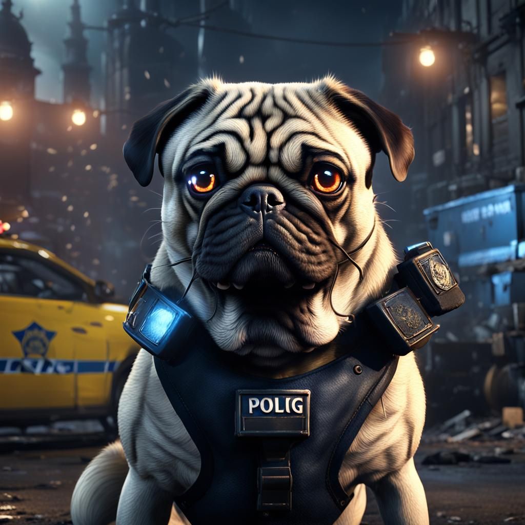 Bulked Up Pug Police Dog on Duty