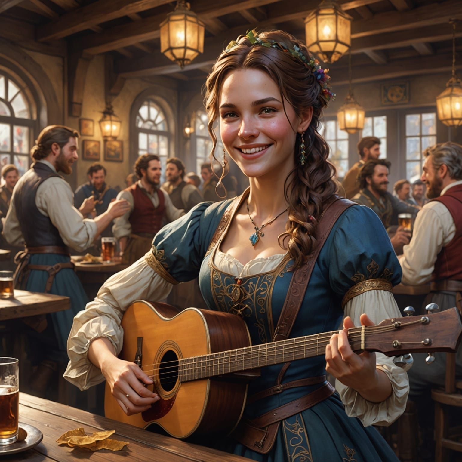 Smiling Bard Performs in Tavern: Detailed Digital Art