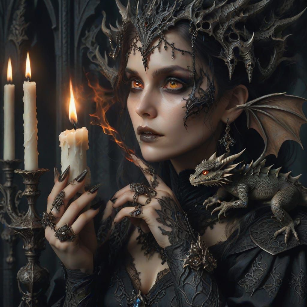 Gothic Sorceress with Dragon, a Fantasy Portrait