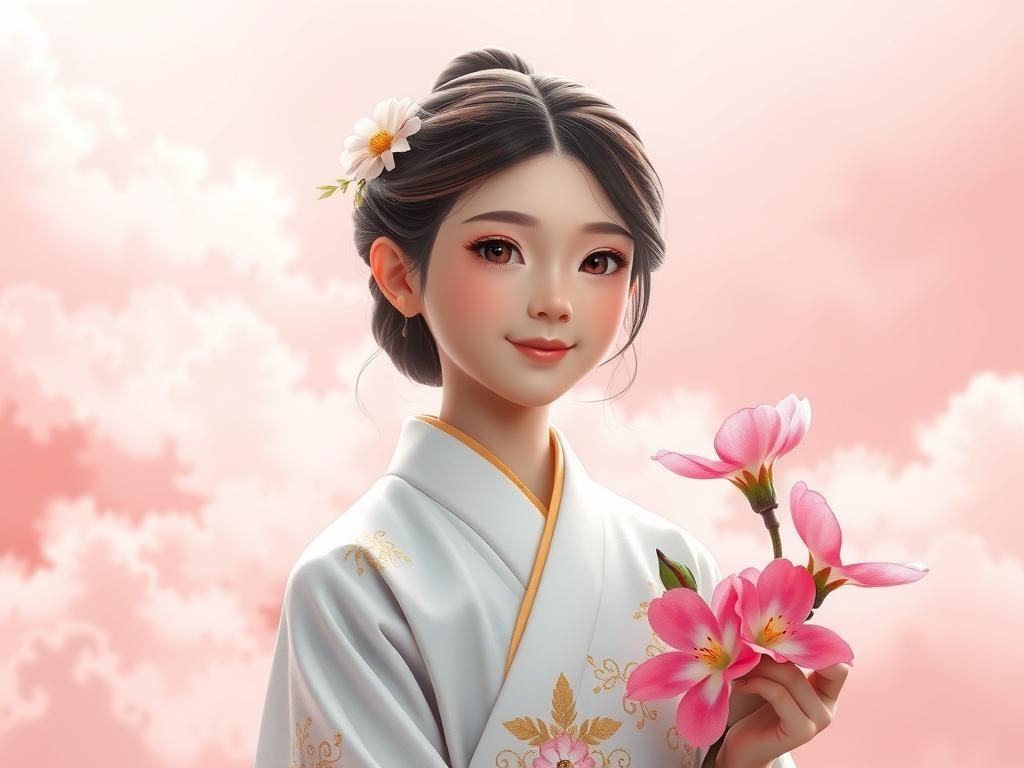 Asian Girl in Hanfu with Flowers: Fantasy Art