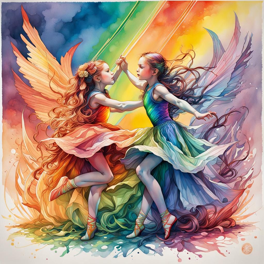 Dancers Under Rainbow in Watercolour Ink Art