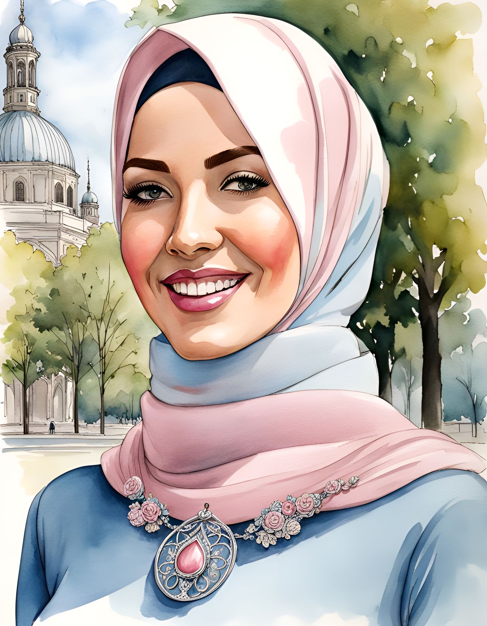 Elegant Hijabi Woman in City Park, Watercolor Style