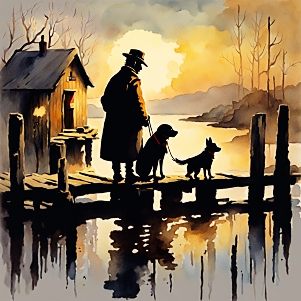 Tramp and Dog on Dock in Watercolor Style