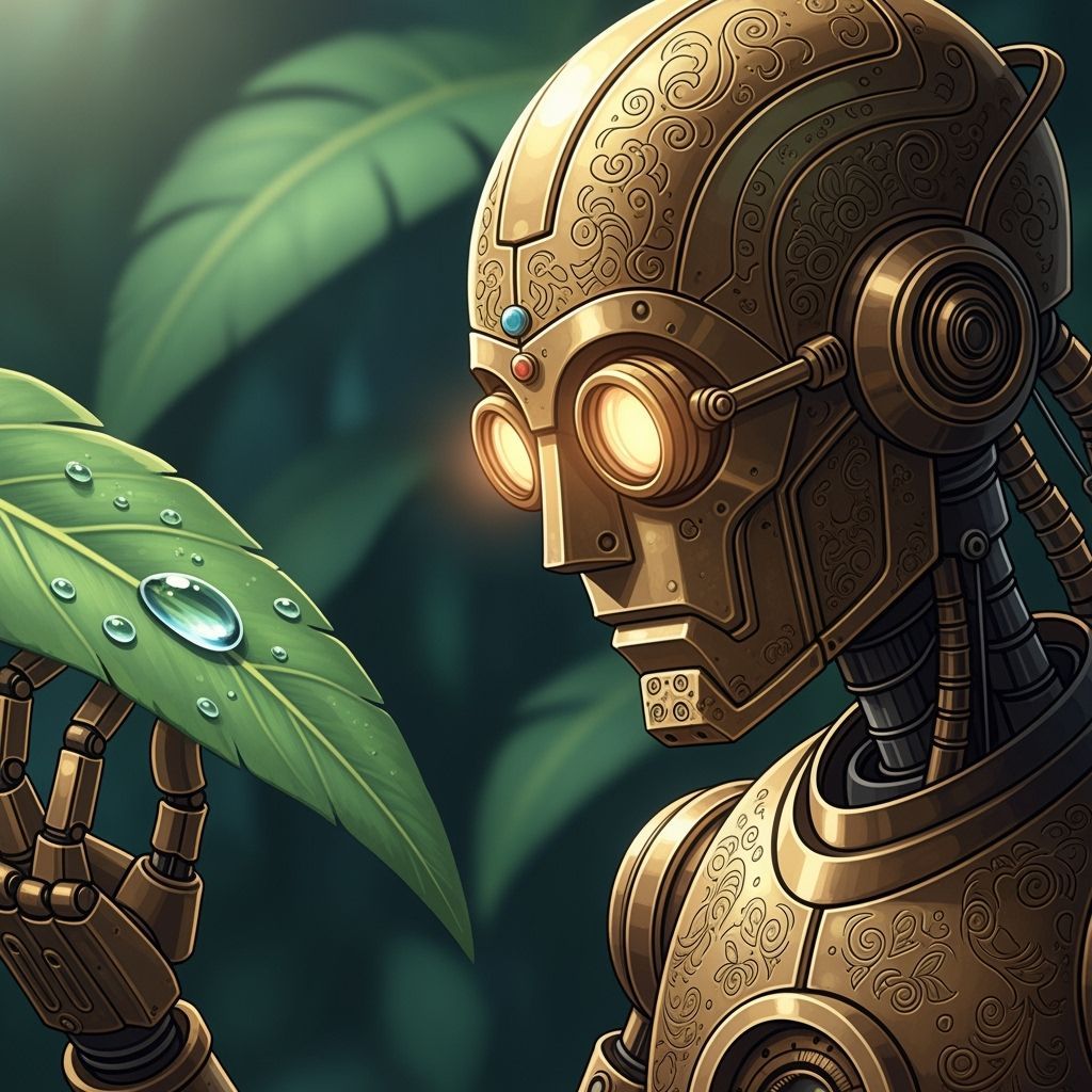 Steampunk Robot Contemplates Dewdrop in Anime Style