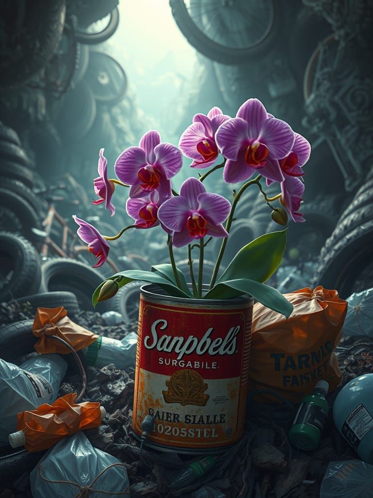 Orchids Bloom in Landfill: Hyperrealistic Digital Art