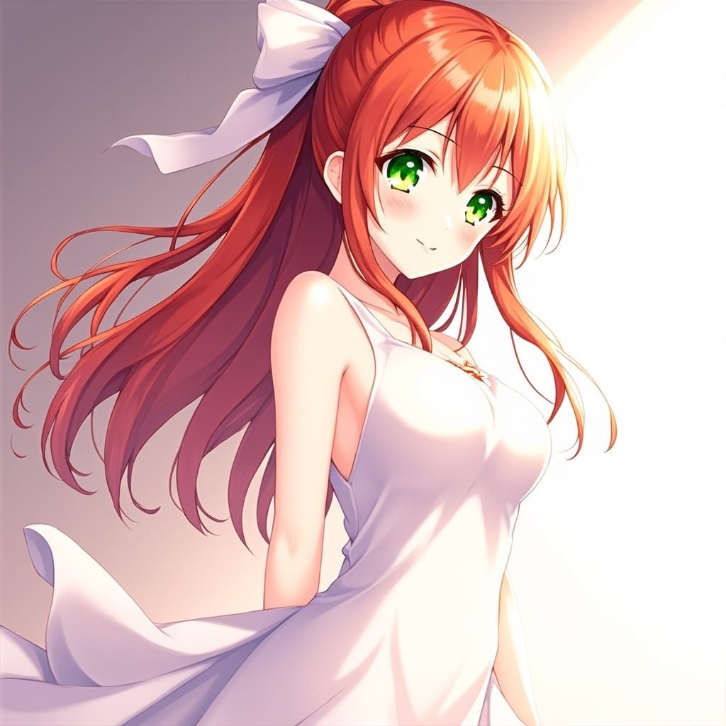 Vibrant Green-Eyed Anime Girl in Elegant White Dress