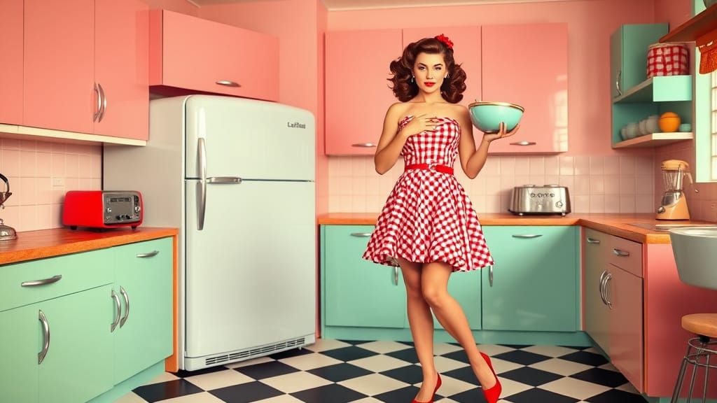 Vintage Pin-Up Girl in 1950s Kitchen