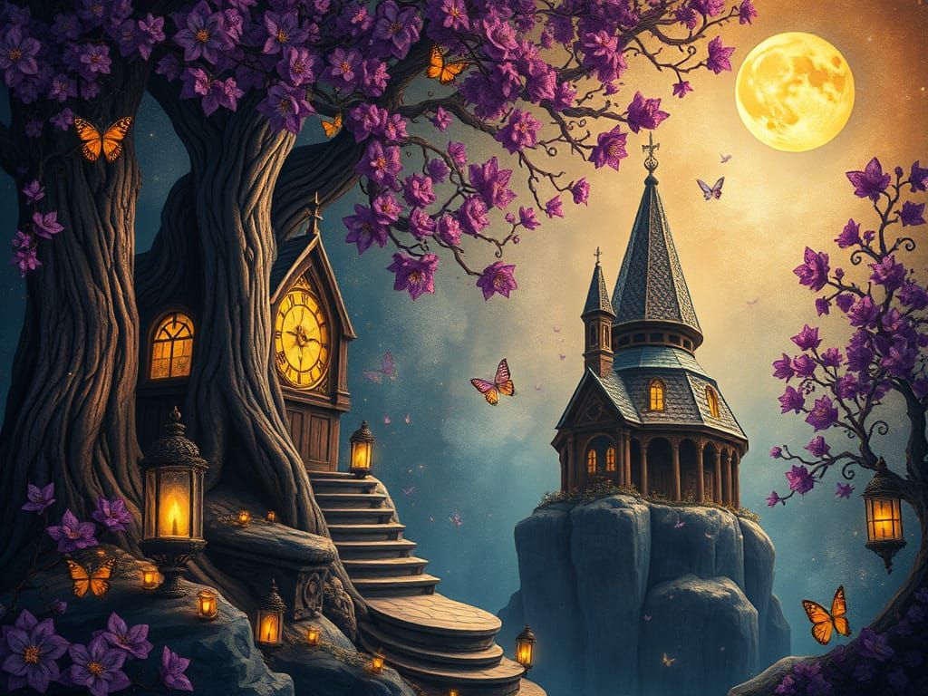 Enchanted Dark Fantasy Realm in Mixed Media Style