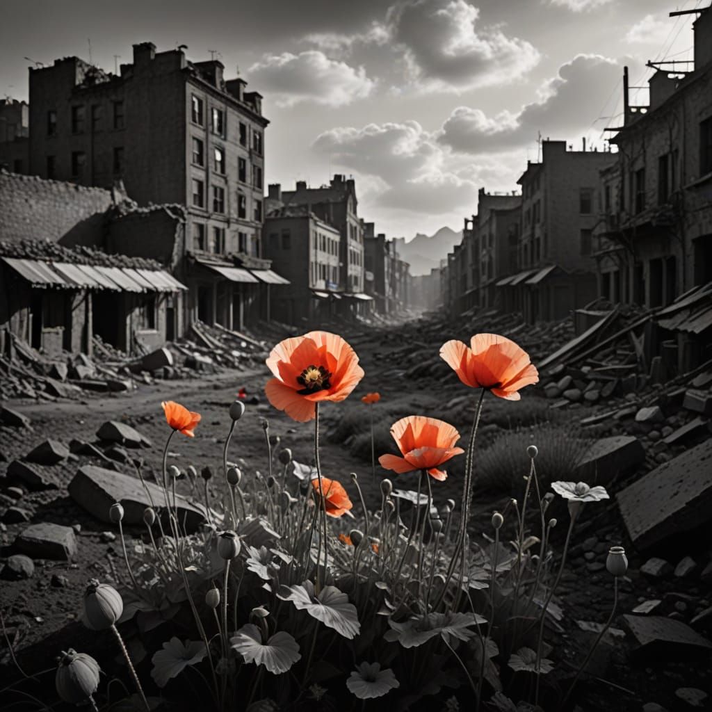 War-Torn Cityscape in Black-and-White Film Noir with Vibrant...