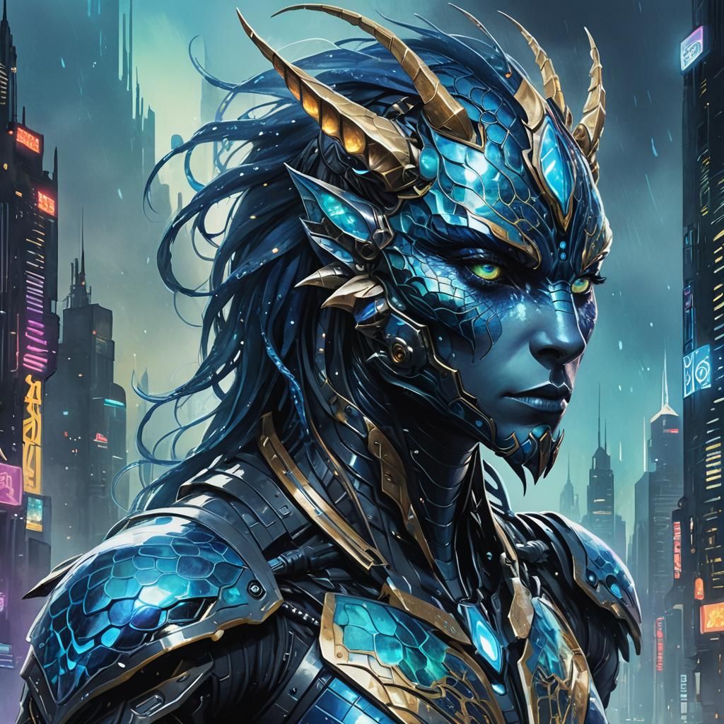 Futuristic Dragon in Cyberpunk Cityscape