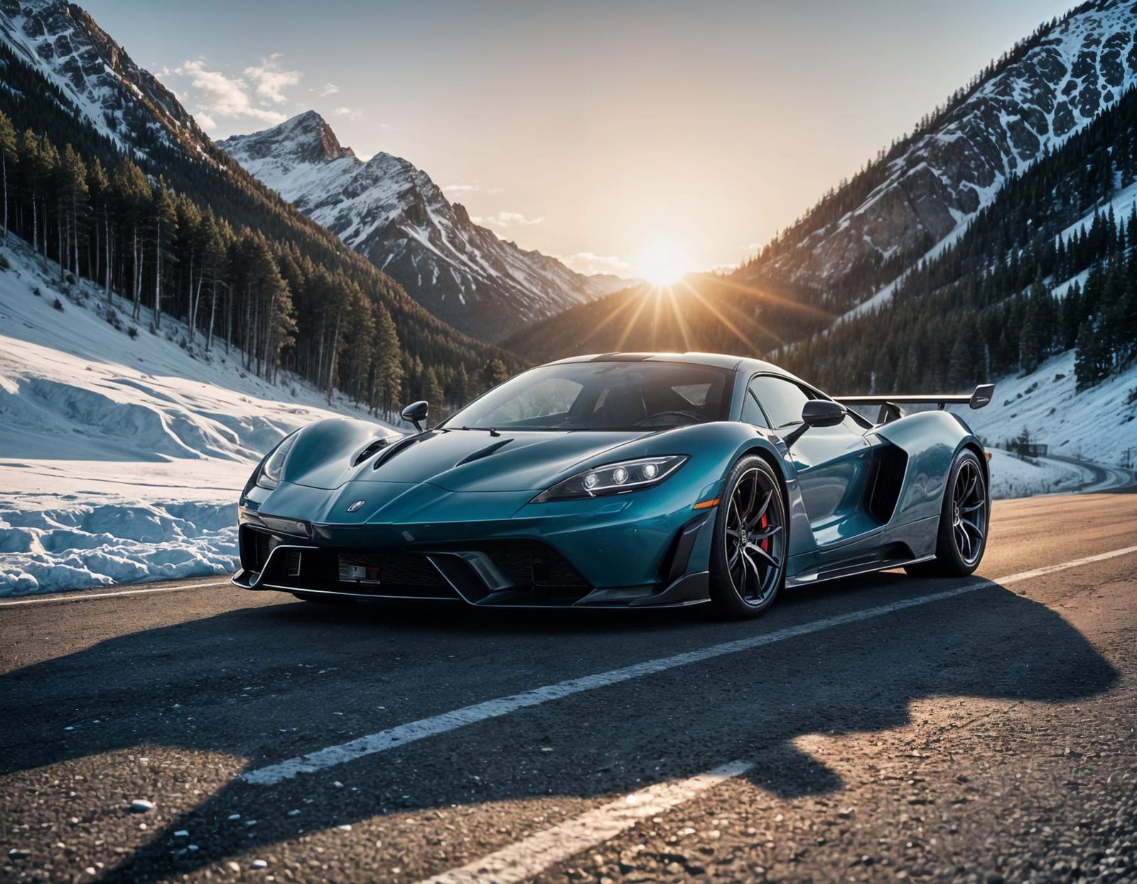 Hypercar on Frozen Mountain Road at Sunset