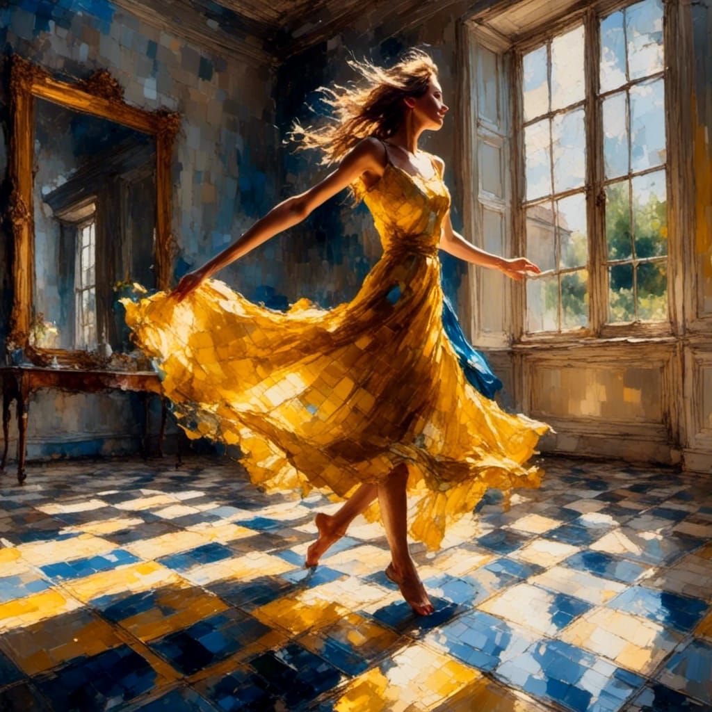 Woman Dancing on Checkered Floor in Oil Painting