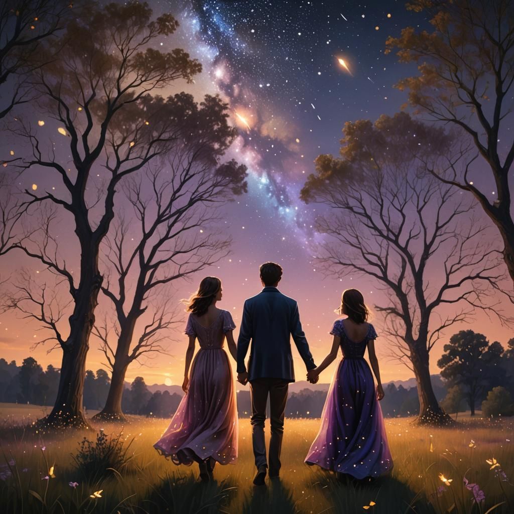 Couple Holding Hands Under Starry Sky: Matte Painting
