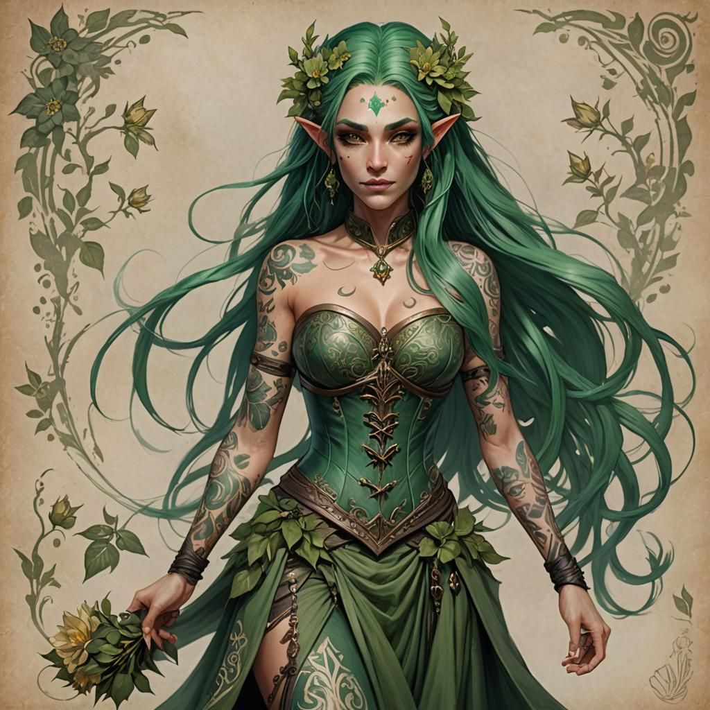 Green Eladrin Bard with Floral Adornments