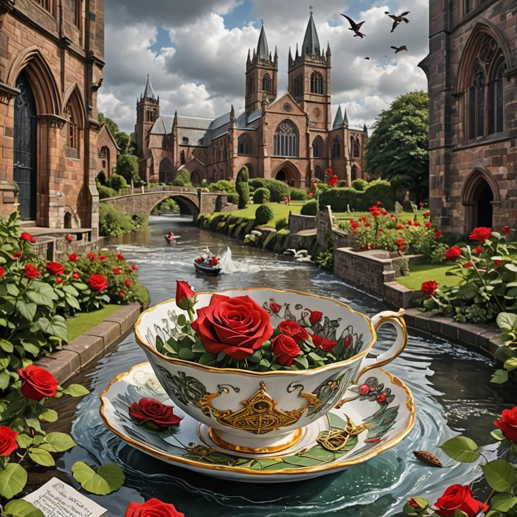 Rose, Abbey, and Whimsical Elements in Hyperrealistic Style