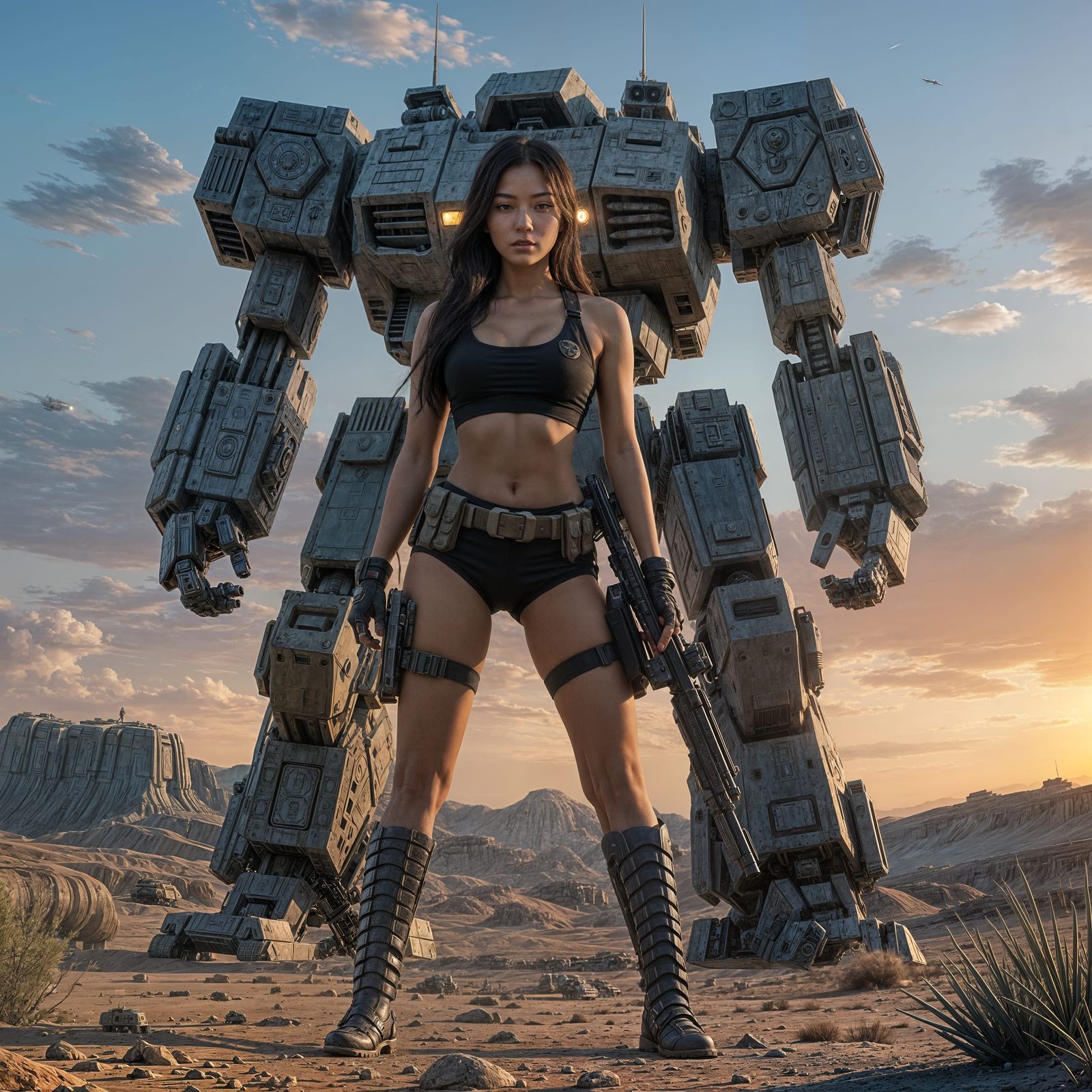 Asian Soldier with Rifle Beside Giant Mech at Dusk