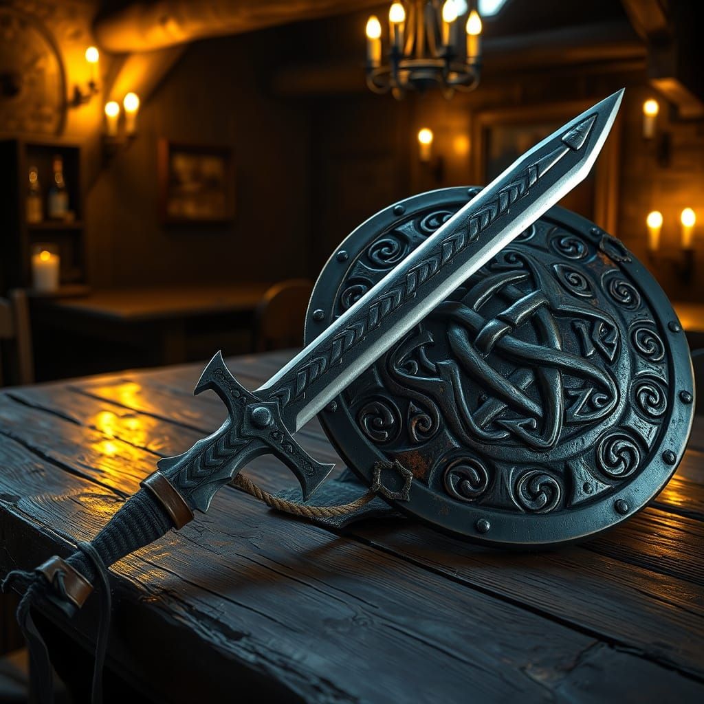 Medieval Warrior's Relics in a Fantastical Tavern