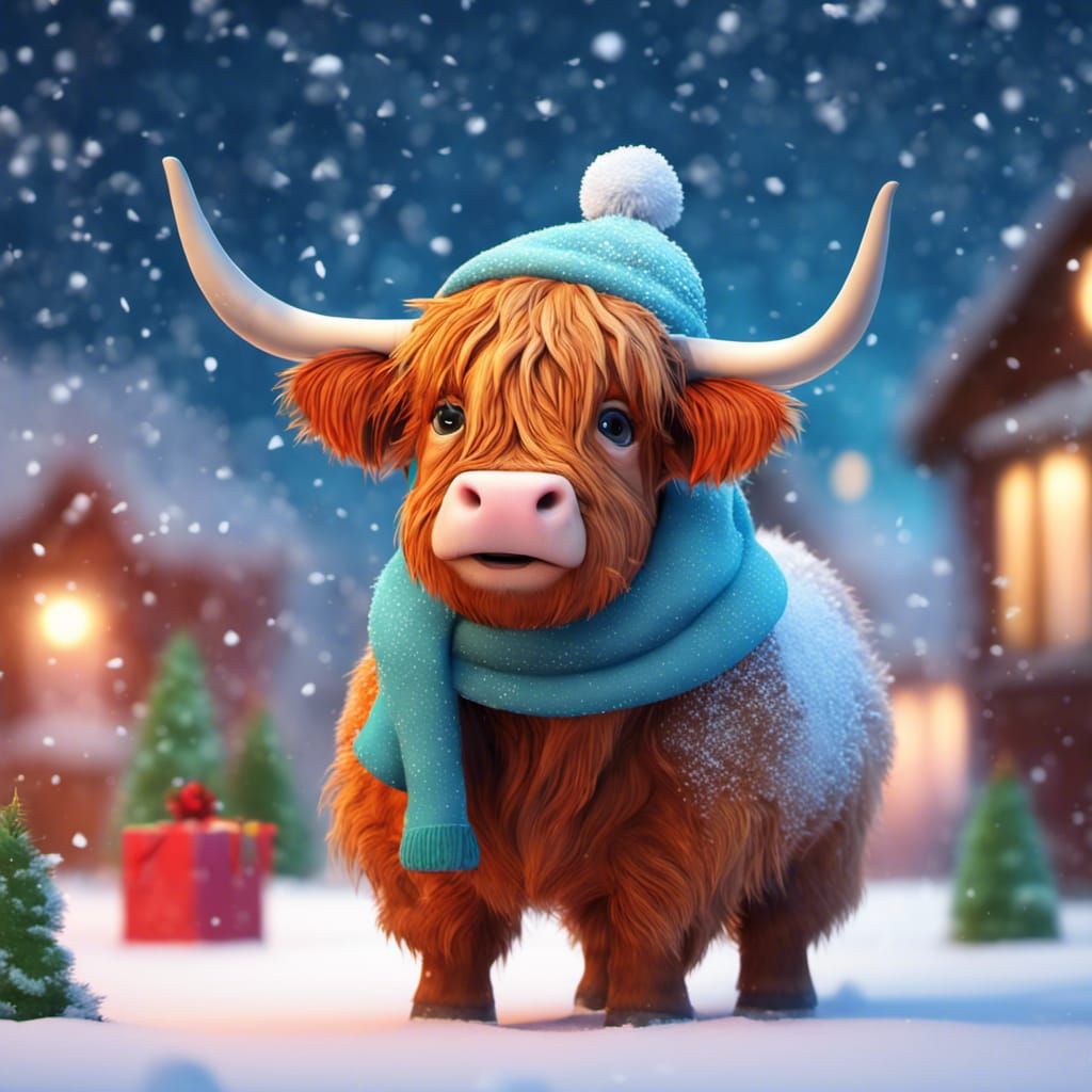 Festive Baby Highland Cow in Winter Snow, 3D Render