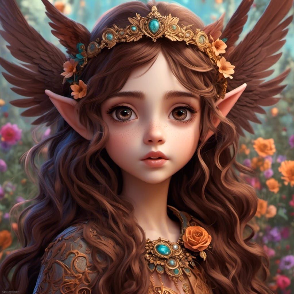 Cute Manic Pixie with Brown Hair, Detailed 3D Art