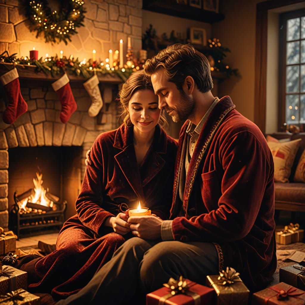 Couple Wrapping Gifts by Fireplace in Traditional Art Style
