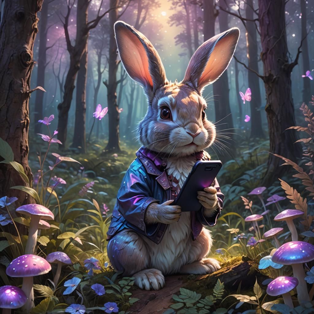 Bunny with Phone in Whimsical Forest