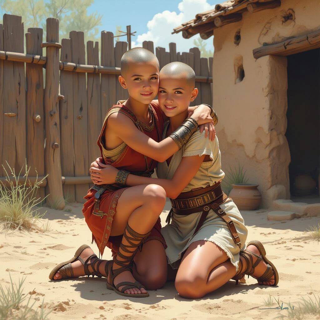 Warrior Girl Embraces Bald Warrior: Matte Painting Style