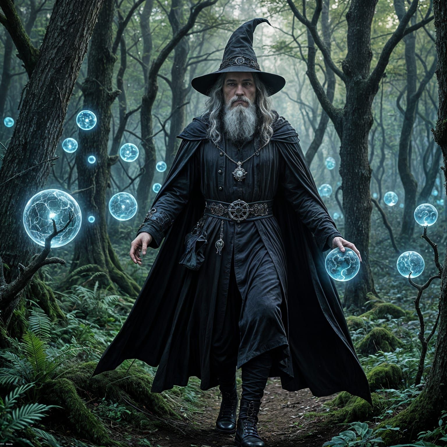 Gothic Wizard Embarks Through Enchanted Bioluminescent Fores...